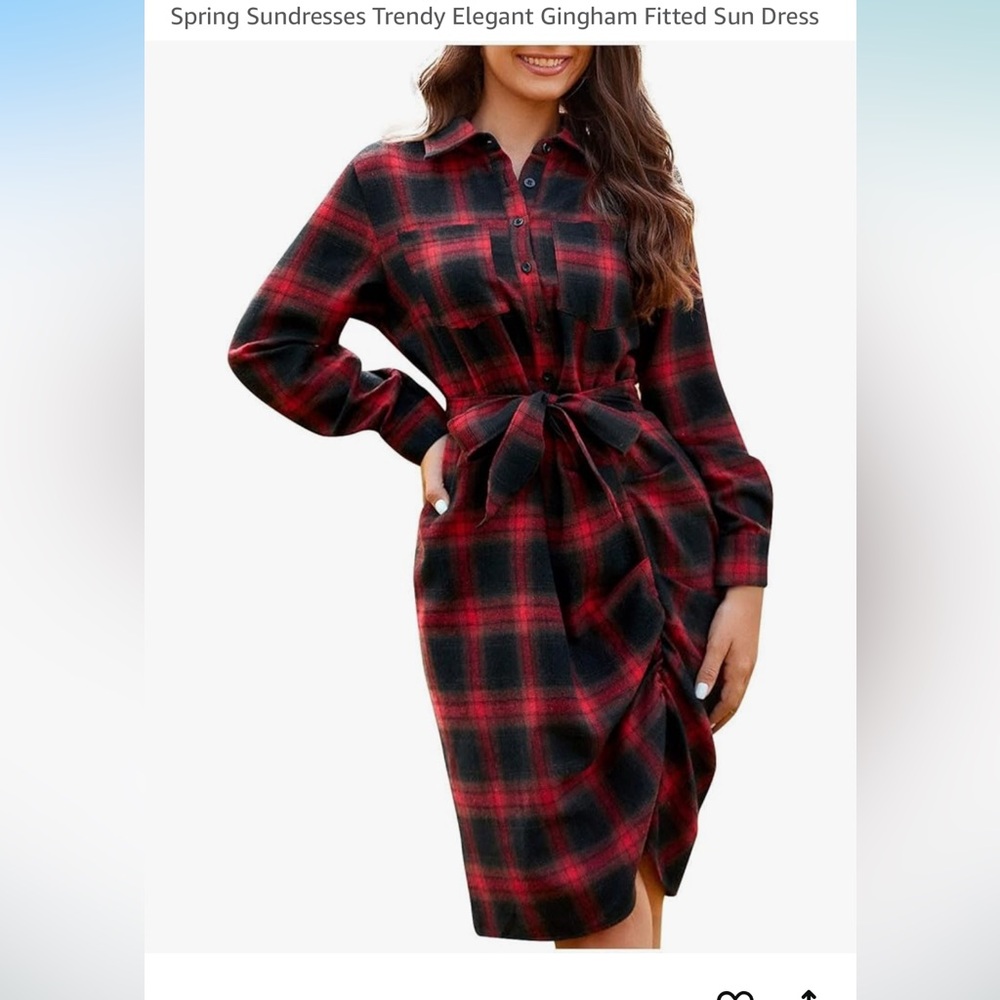 Plaid Tie-Waist Long Sleeve Shirt Dress - Red/Black